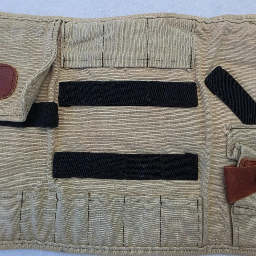 Vintage Leather Canvas Roll Up Organizer Case Brown Tan Crest Travel Storage